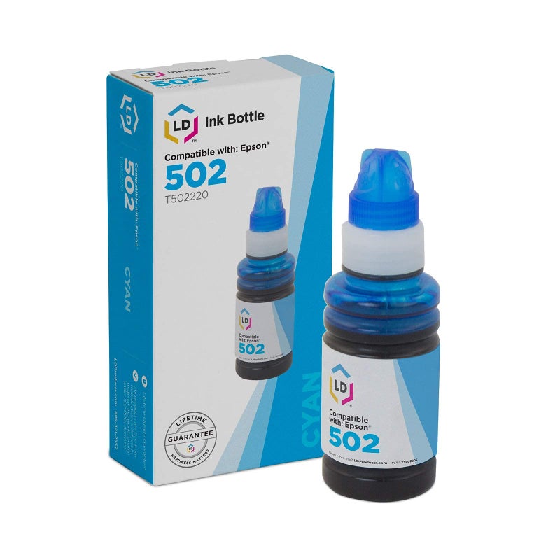 LD Products Compatible Ink Bottle Replacement for Epson 502 T502220-S (Single Cyan) Compatible with Epson ET Series, Expression and Workforce - Image 1